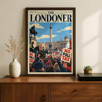 Trafalgar Square Protest Poster, Vintage London Magazine Cover Wall Art, Retro British Art Print