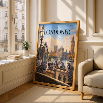London Pigeon Parliament Poster, Big Ben Wall Art, Westminster Art Print, Funny Magazine Cover Style