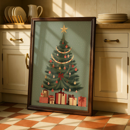 Vintage Christmas Tree Poster, Retro Xmas Wall Art, Red Green Festive Print, Holiday Home Decor