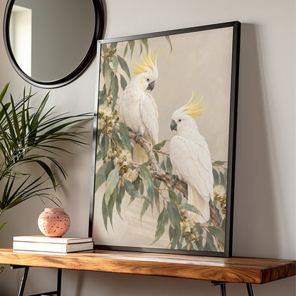 Sulphur-Crested Cockatoo Print, Australian Bird Wall Art, Eucalyptus Botanical Poster — Digital Download
