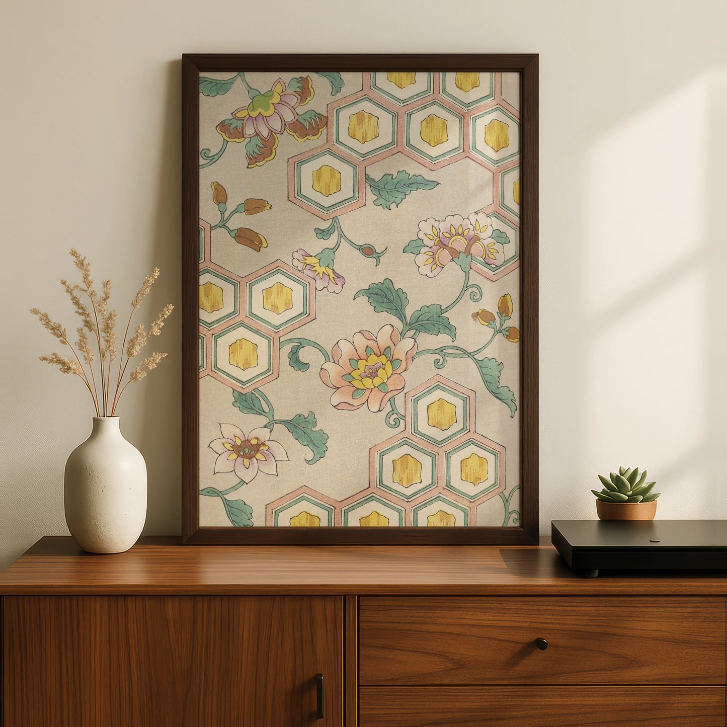 Japanese Botanical Print, Vintage Floral Woodblock Wall Art, Japandi Poster, Peony – A5 Black frame