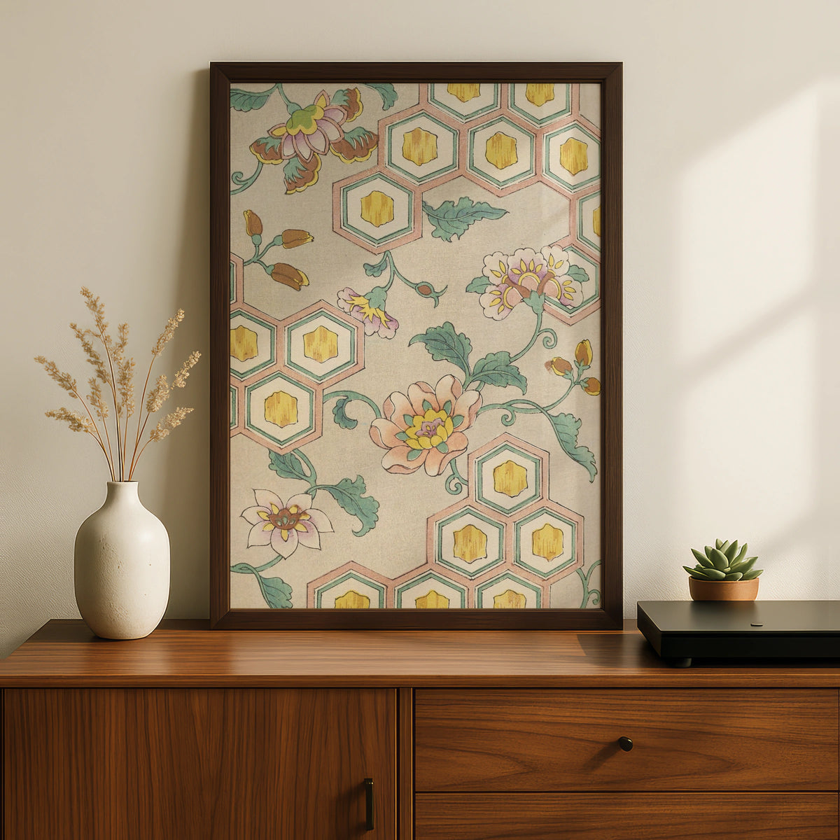 Japanese Botanical Print, Vintage Floral Woodblock Wall Art, Japandi Poster, Peony – A5 Black frame