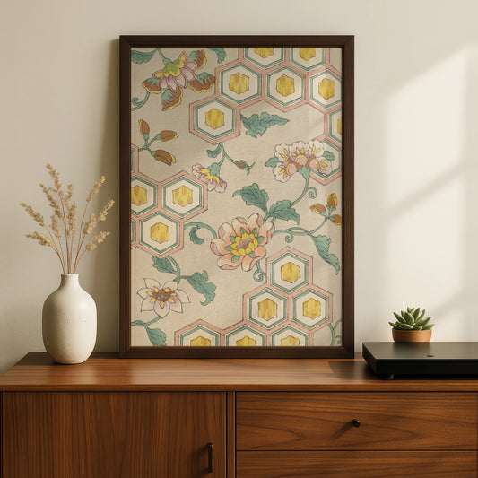 Japanese Botanical Print, Vintage Floral Woodblock Wall Art, Japandi Poster, Peony – A5 Black frame