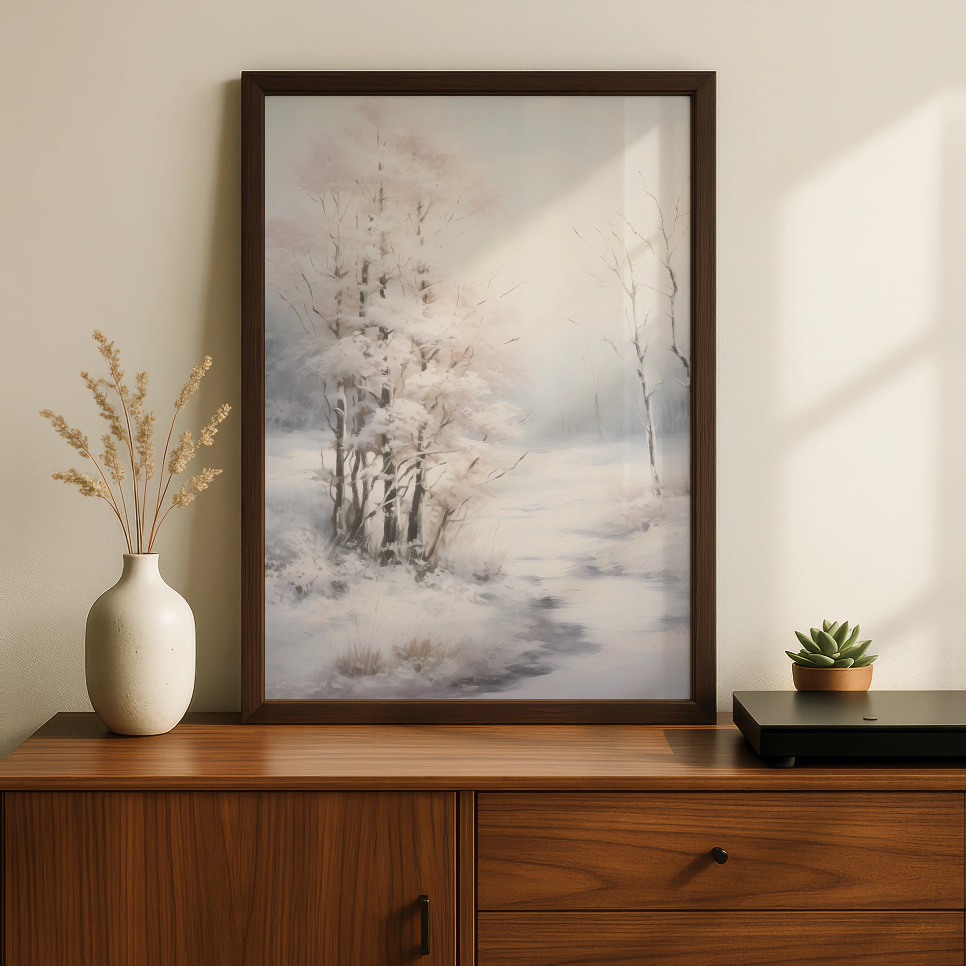 Christmas Winter Landscape Poster, Snowy Trees Wall Art, Neutral Festive Print, Minimalist Xmas