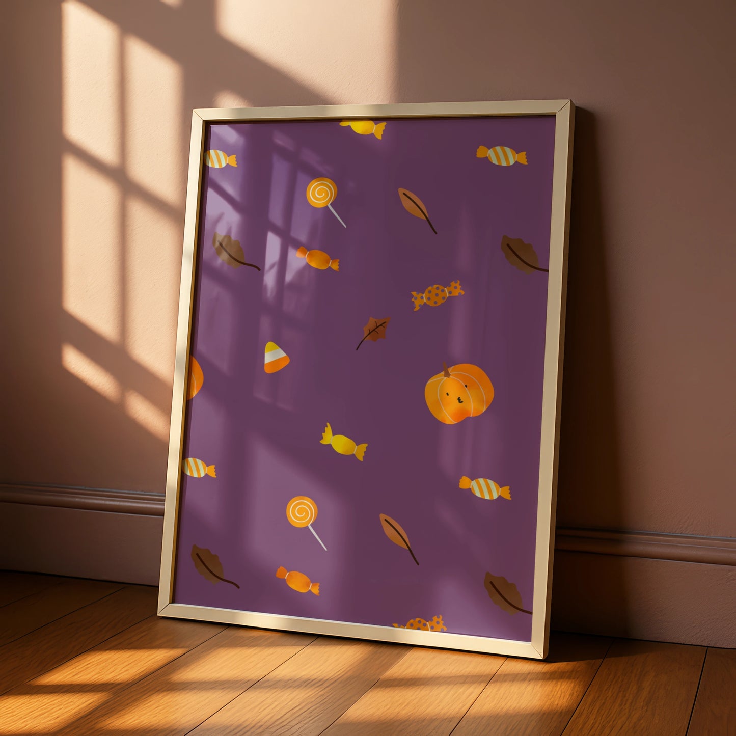 Halloween Candy Pattern Poster, Trick or Treat Wall Art, Pumpkin Purple Print
