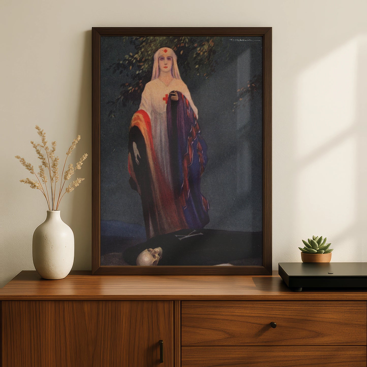 Halloween Nurse Skull Art Poster, Vintage Spooky Red Cross Woman Wall Art Print