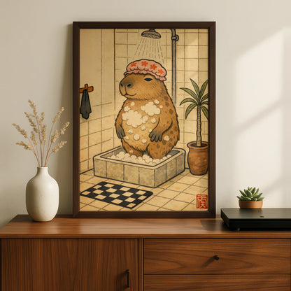 Capybara Shower Cartoon Poster