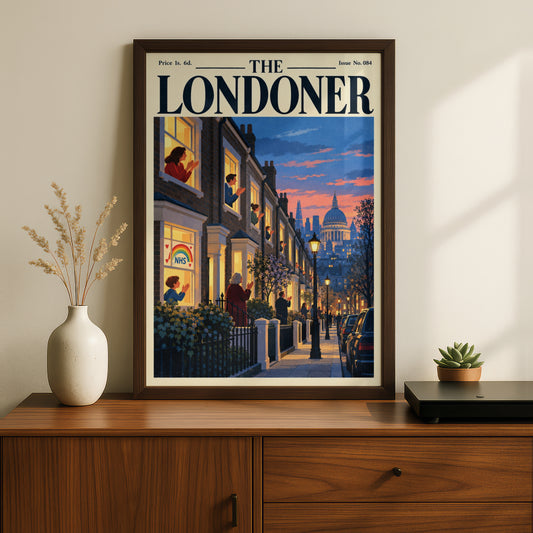 The Londoner Magazine Cover Poster, London Street at Dusk, St Pauls Dome, Retro Wall Art Print