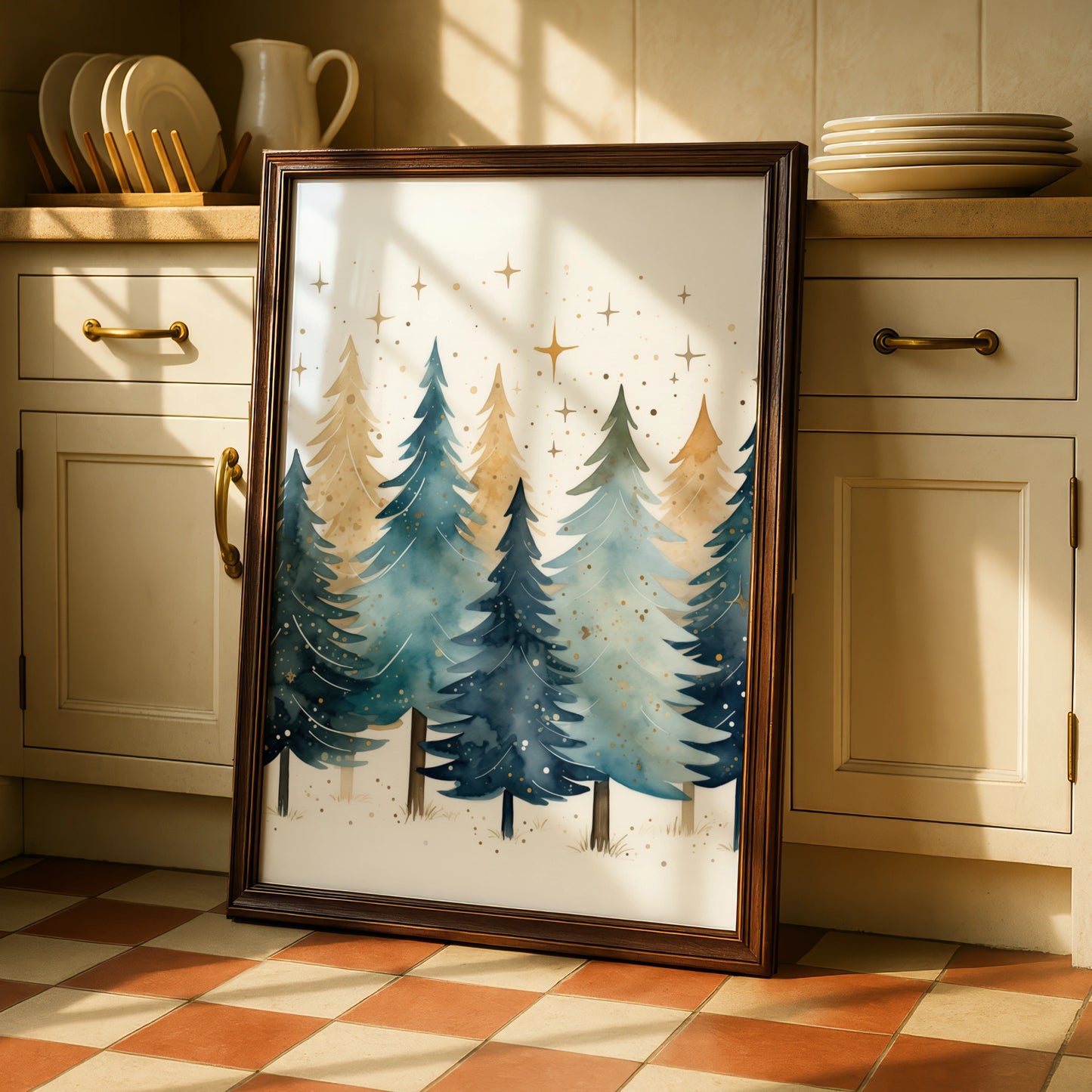 Christmas Tree Forest Poster, Watercolour Festive Wall Art, Teal Gold Xmas Print