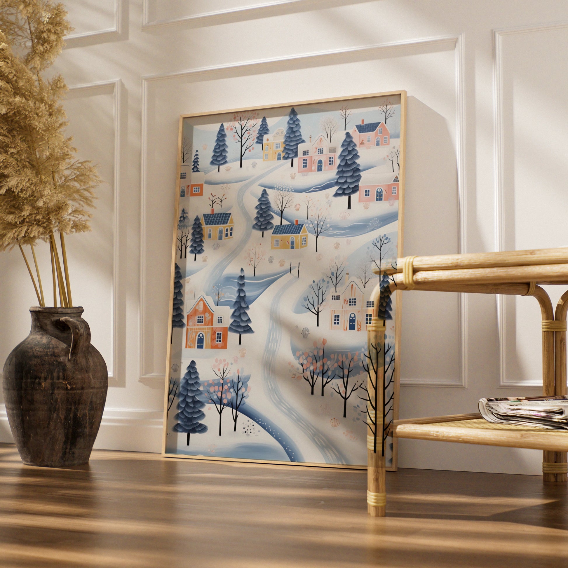 Christmas Village Poster, Snowy Winter Town Wall Art, Scandi Festive Print, Pastel Blue