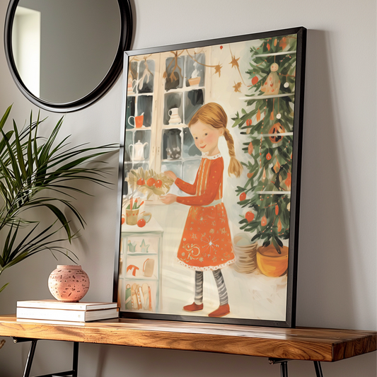 Christmas Girl Poster, Festive Children's Wall Art, Vintage Xmas Tree Print, Holiday Kids Room Decor