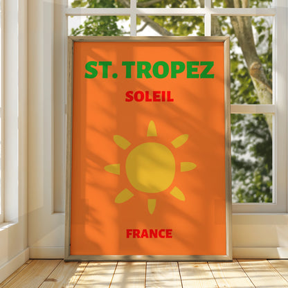 St Tropez Travel Poster, France Retro Wall Art, Cote d'Azur Sun Print, Bold Vintage