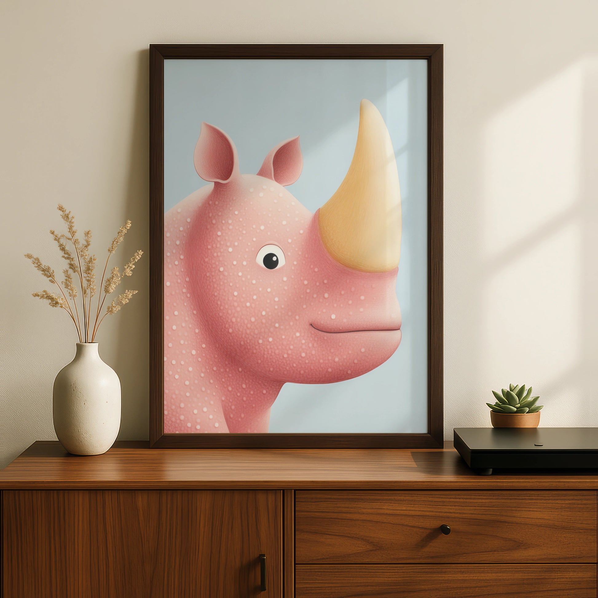 Cute Rhino Nursery Wall Art, Baby Animal Poster, Pink Rhinoceros Print for Kids Room