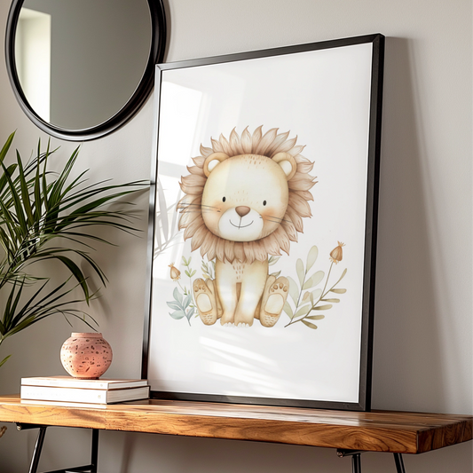 Cute Lion Nursery Wall Art, Watercolour Safari Baby Poster, Boho Animal Print for Kids Room