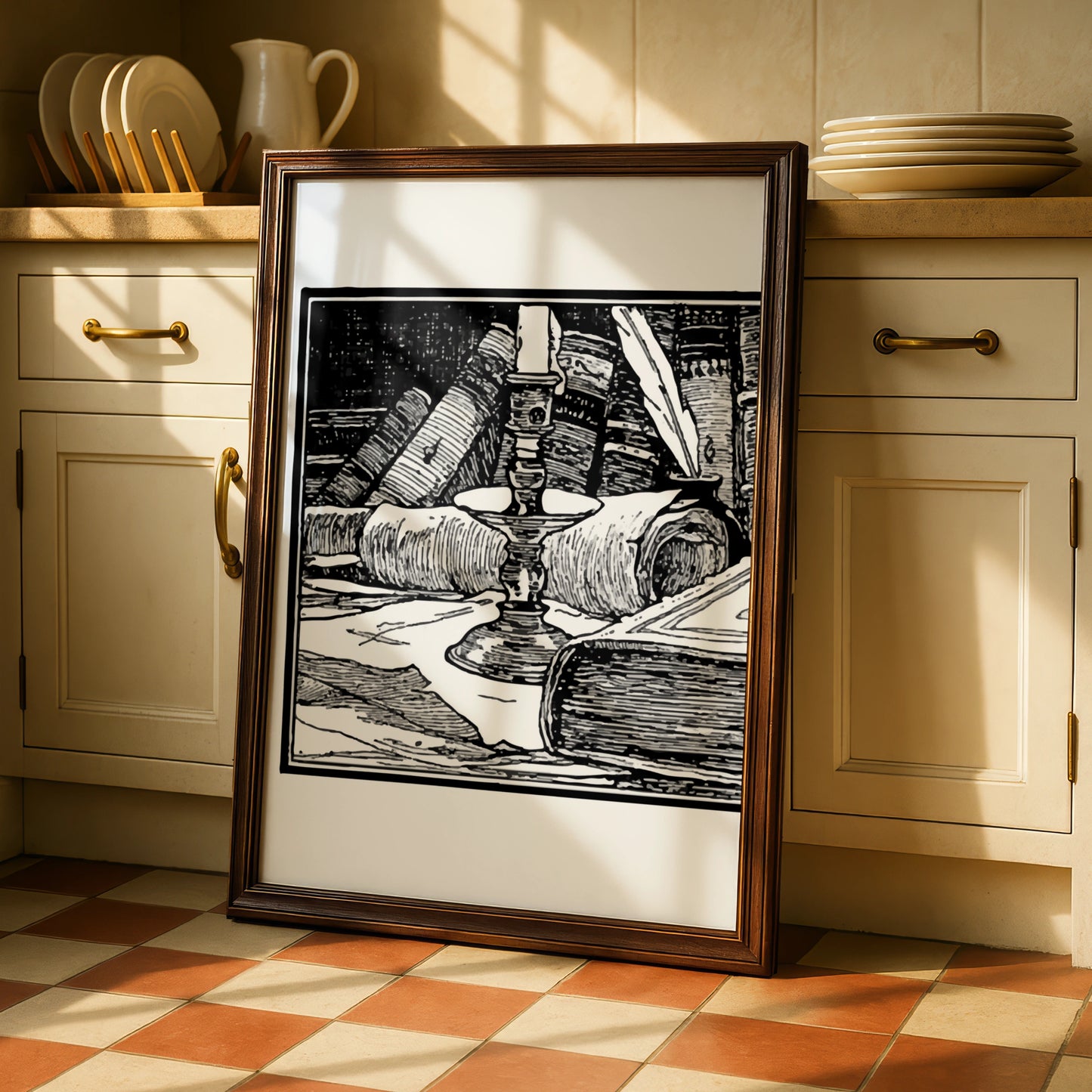 Halloween Witch Study Poster, Dark Academia Candle Books Wall Art, Gothic Black White Print