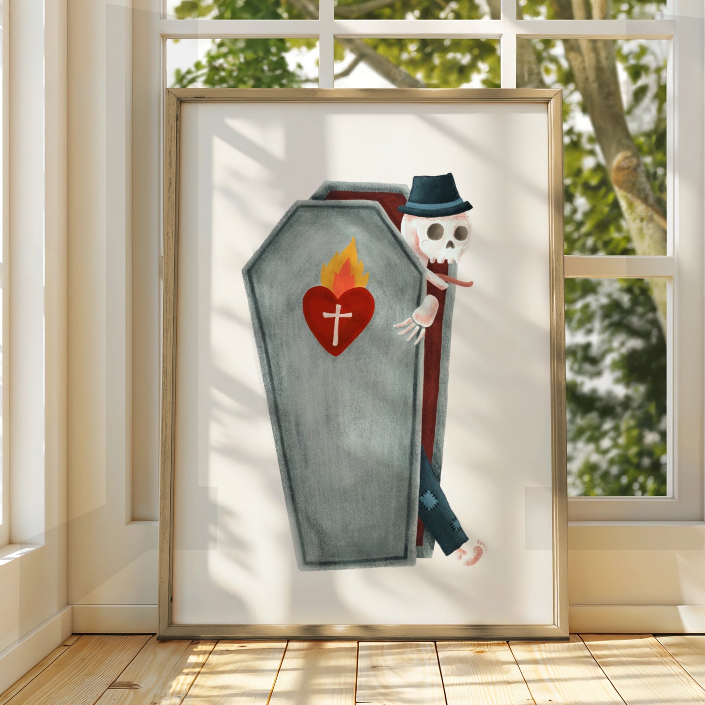 Halloween Skeleton Coffin Poster, Spooky Skull Wall Art, Sacred Heart Halloween Print, Gothic Decor