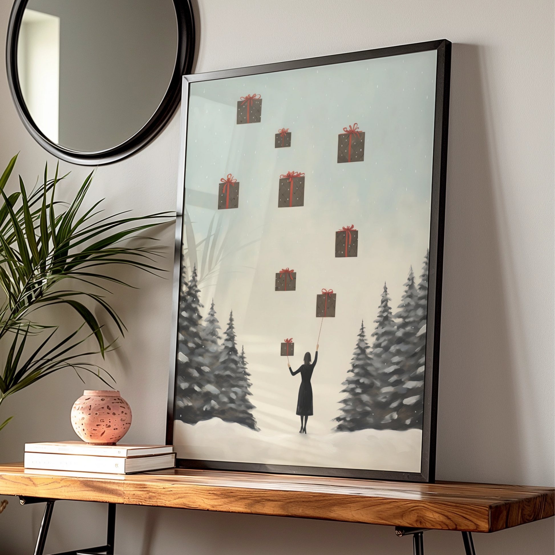 Christmas Poster, Floating Gifts Winter Wall Art, Festive Snowy Scene, Minimalist Xmas Print
