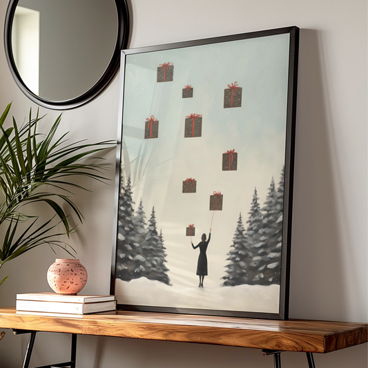 Christmas Poster, Floating Gifts Winter Wall Art, Festive Snowy Scene, Minimalist Xmas Print