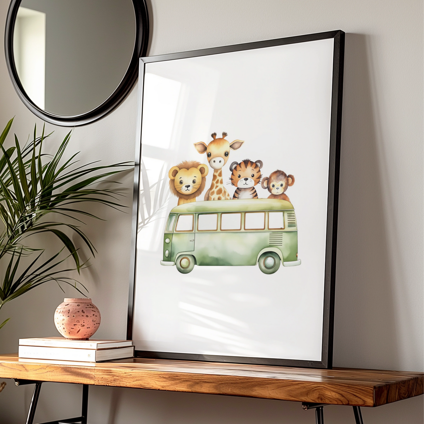 Safari Animals Nursery Wall Art, Cute Bus Print, Lion Giraffe Tiger Monkey Poster