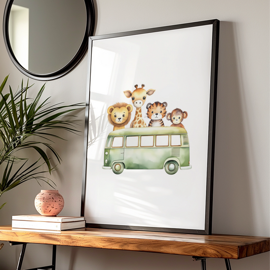 Safari Animals Nursery Wall Art, Cute Bus Print, Lion Giraffe Tiger Monkey Poster