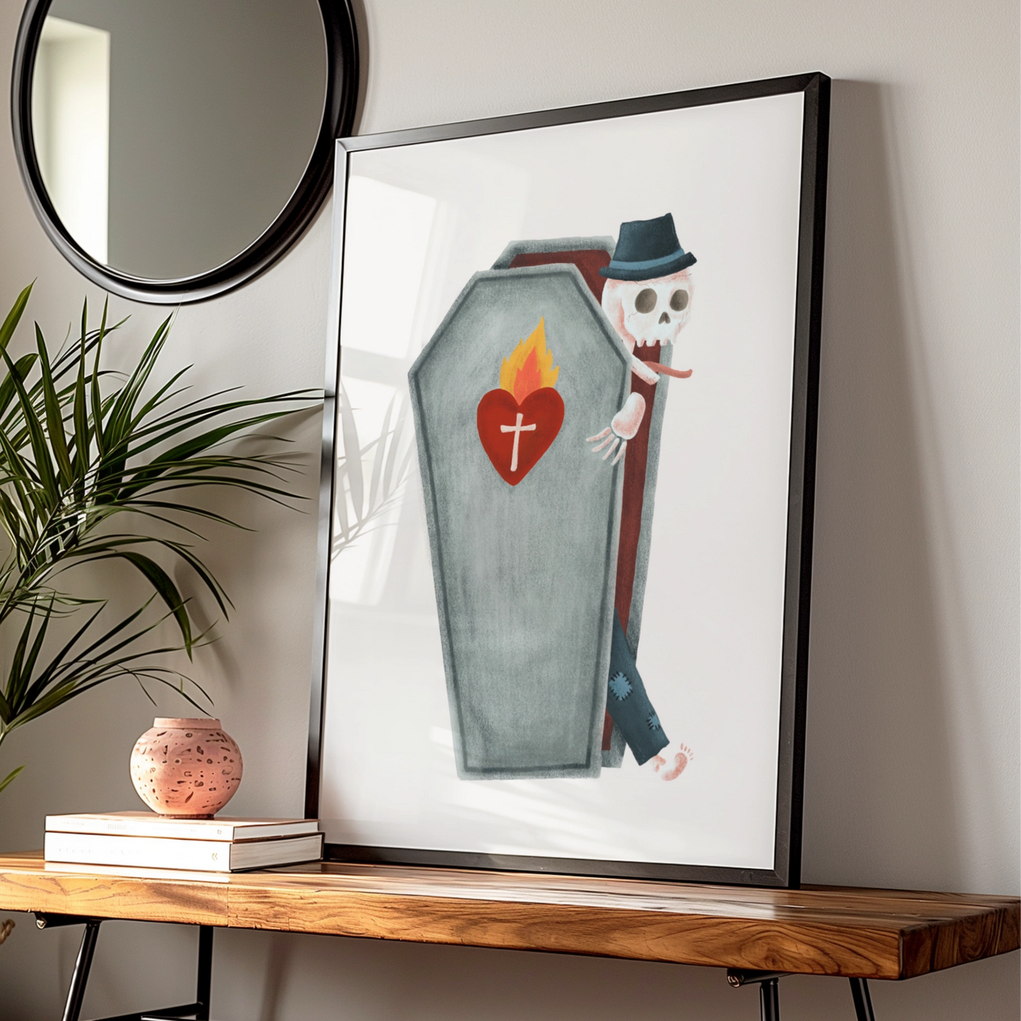 Halloween Skeleton Coffin Poster, Spooky Skull Wall Art, Sacred Heart Halloween Print, Gothic Decor