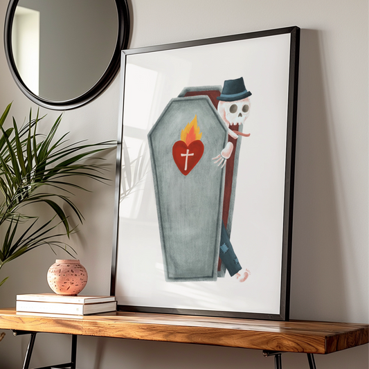Halloween Skeleton Coffin Poster, Spooky Skull Wall Art, Sacred Heart Halloween Print, Gothic Decor