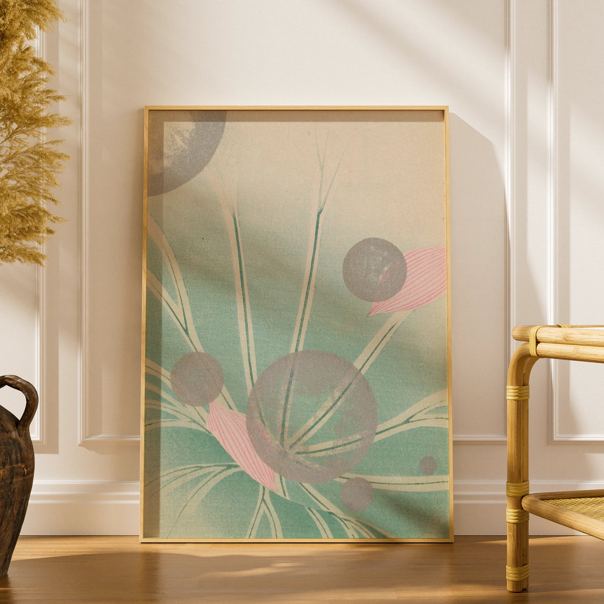 Japanese Sage Green Botanical Print, Vintage Woodblock Floral Wall Art, Japandi Poster – A5 print
