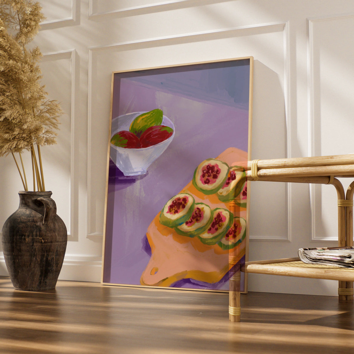 Maximalist Fruit Still Life Poster, Bold Kitchen Wall Art, Fig Cutting Board Print, Colourful