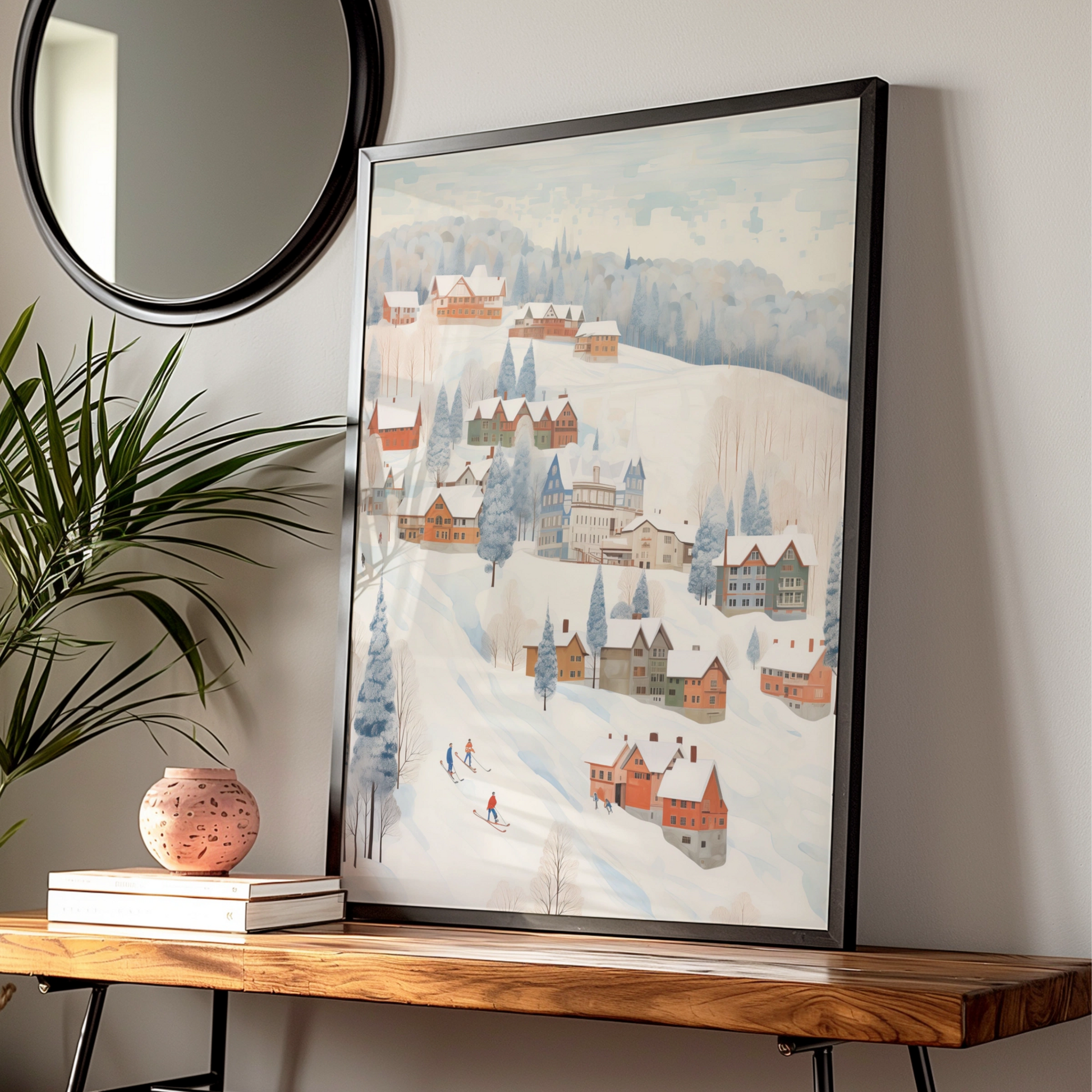 Christmas Winter Village Poster, Snowy Ski Scene Wall Art, Festive Holiday Print, Cosy Xmas Decor