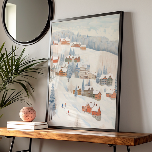 Christmas Winter Village Poster, Snowy Ski Scene Wall Art, Festive Holiday Print, Cosy Xmas Decor