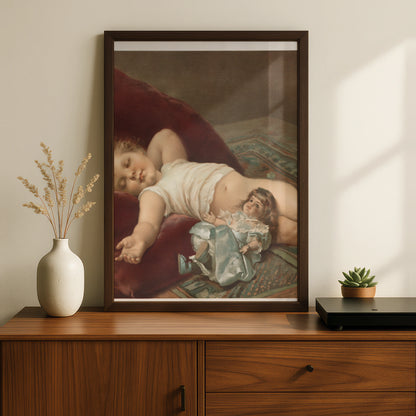 Sleeping Baby Victorian Art Print, Child With Doll Vintage Poster, Nursery Wall Art