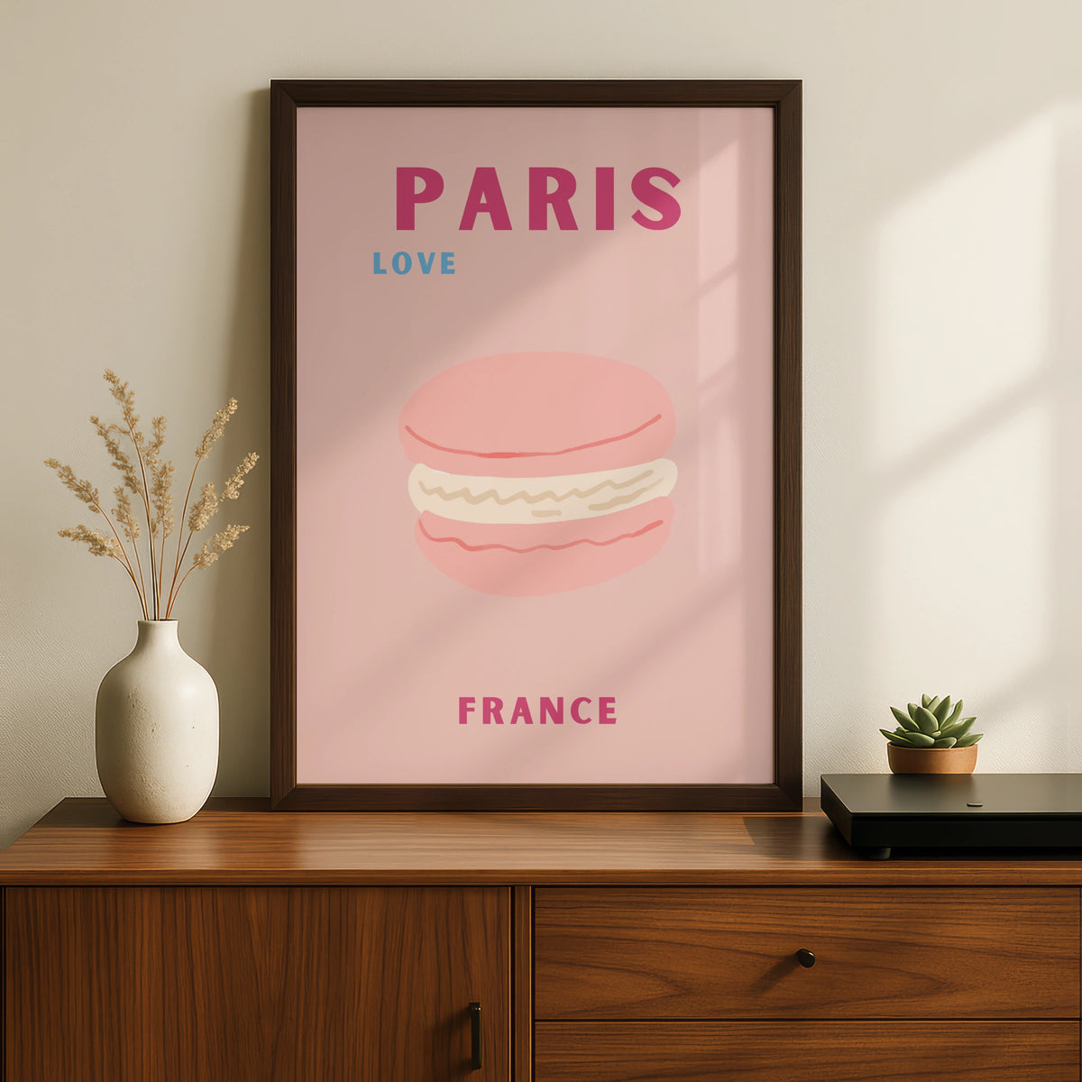 Paris France Travel Poster, French Macaron Wall Art, Retro Pink Paris Print, Kitchen Decor