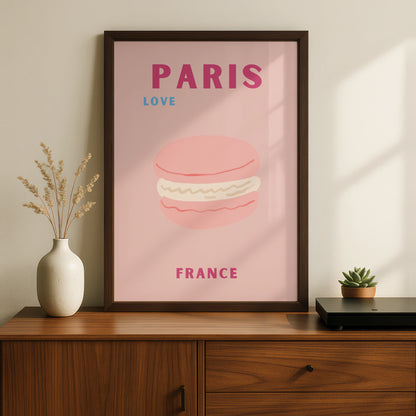 Paris France Travel Poster, French Macaron Wall Art, Retro Pink Paris Print, Kitchen Decor