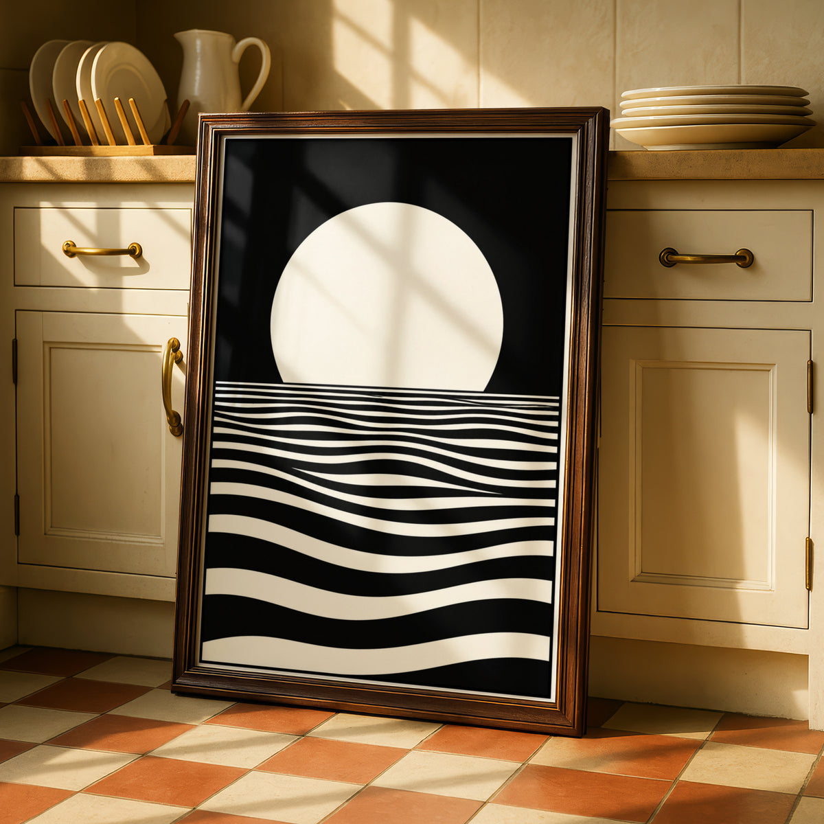 Monochrome Moon Over Ocean Waves Print, Black White Minimalist Poster, Gallery Wall Art