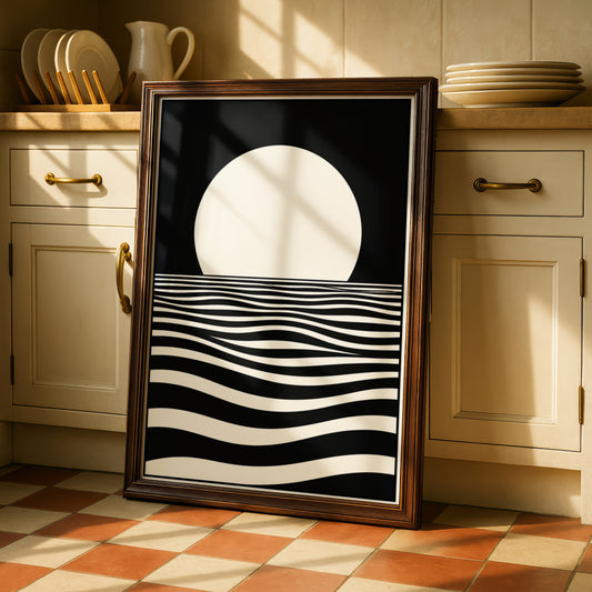 Monochrome Moon Over Ocean Waves Print, Black White Minimalist Poster, Gallery Wall Art