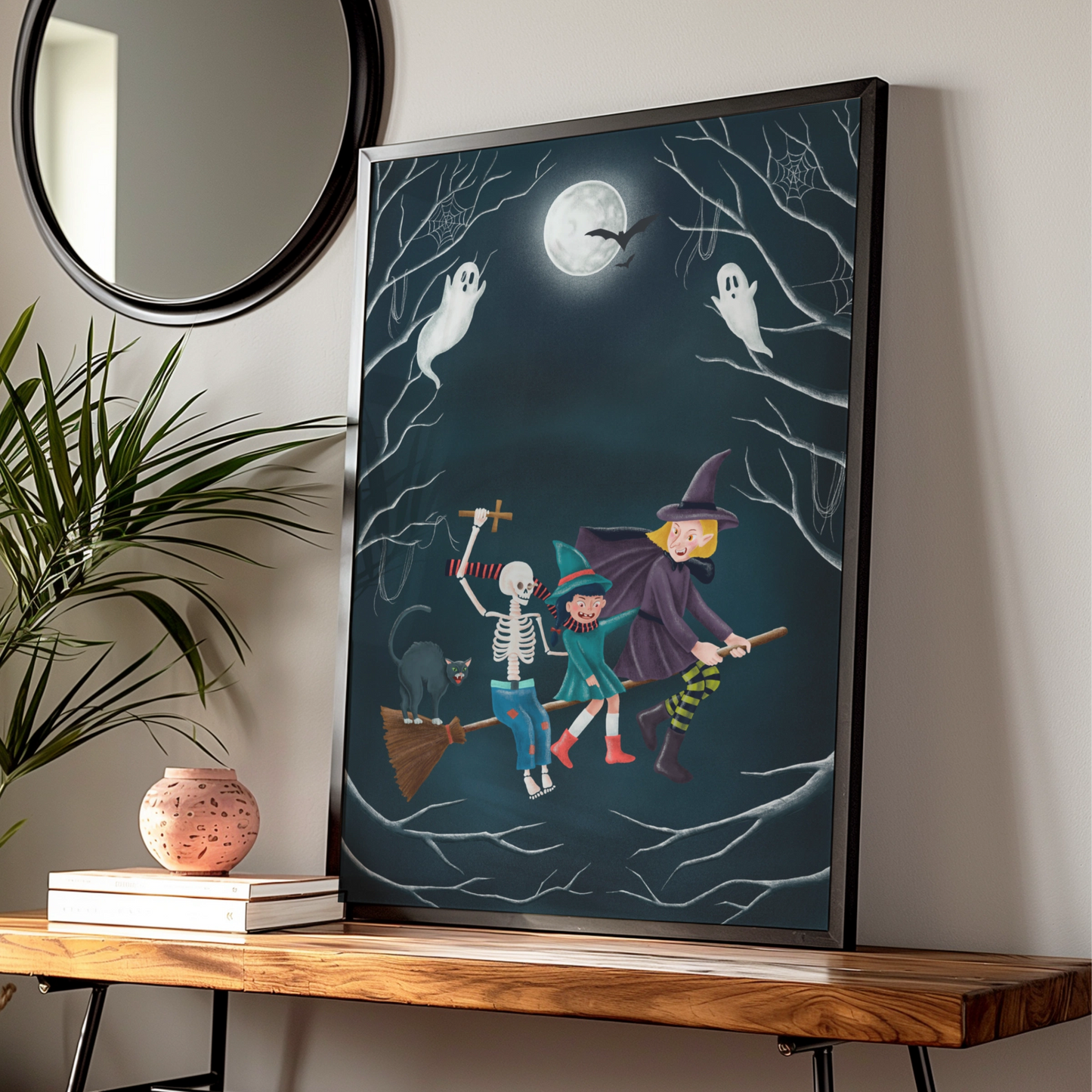 Halloween Witch Poster, Spooky Wall Art, Skeleton Ghost Black Cat Full Moon Print