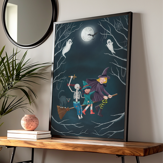 Halloween Witch Poster, Spooky Wall Art, Skeleton Ghost Black Cat Full Moon Print