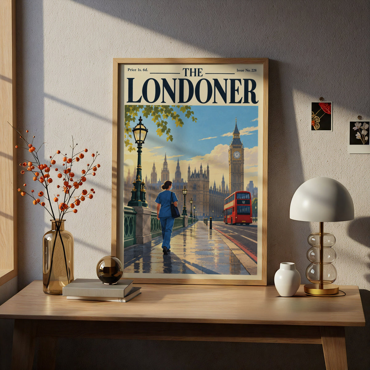 London Poster, Westminster Big Ben Wall Art, Vintage Magazine Cover Art Print, Red Bus, Living Room