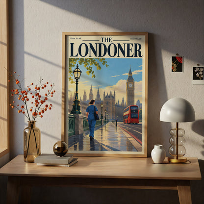 London Poster, Westminster Big Ben Wall Art, Vintage Magazine Cover Art Print, Red Bus, Living Room