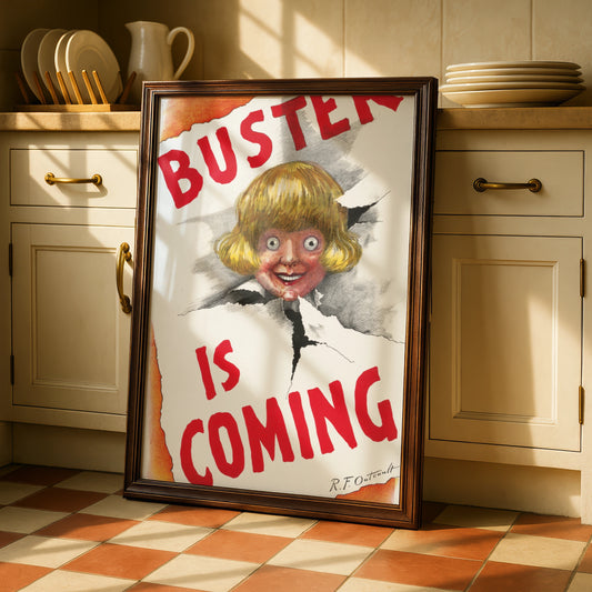Buster Is Coming Creepy Doll Halloween Art Print, Vintage Horror Poster, Spooky Wall Art