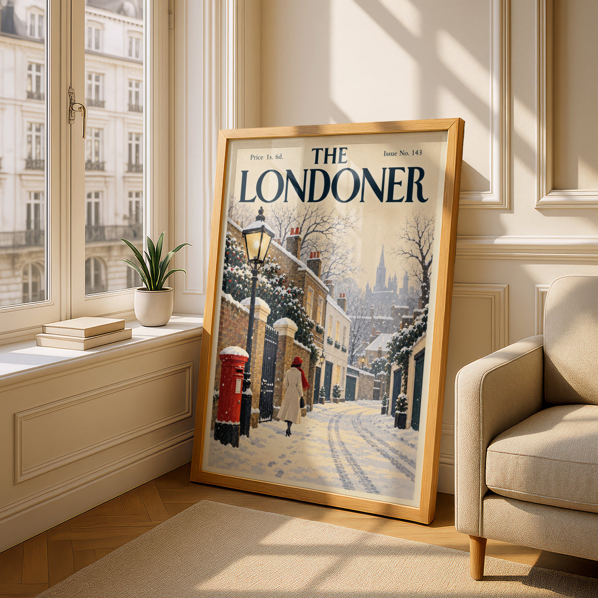 Vintage London Winter Street Poster, Snowy Wall Art, Red Post Box Art Print, Christmas Gift
