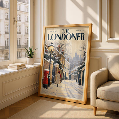 Vintage London Winter Street Poster, Snowy Wall Art, Red Post Box Art Print, Christmas Gift