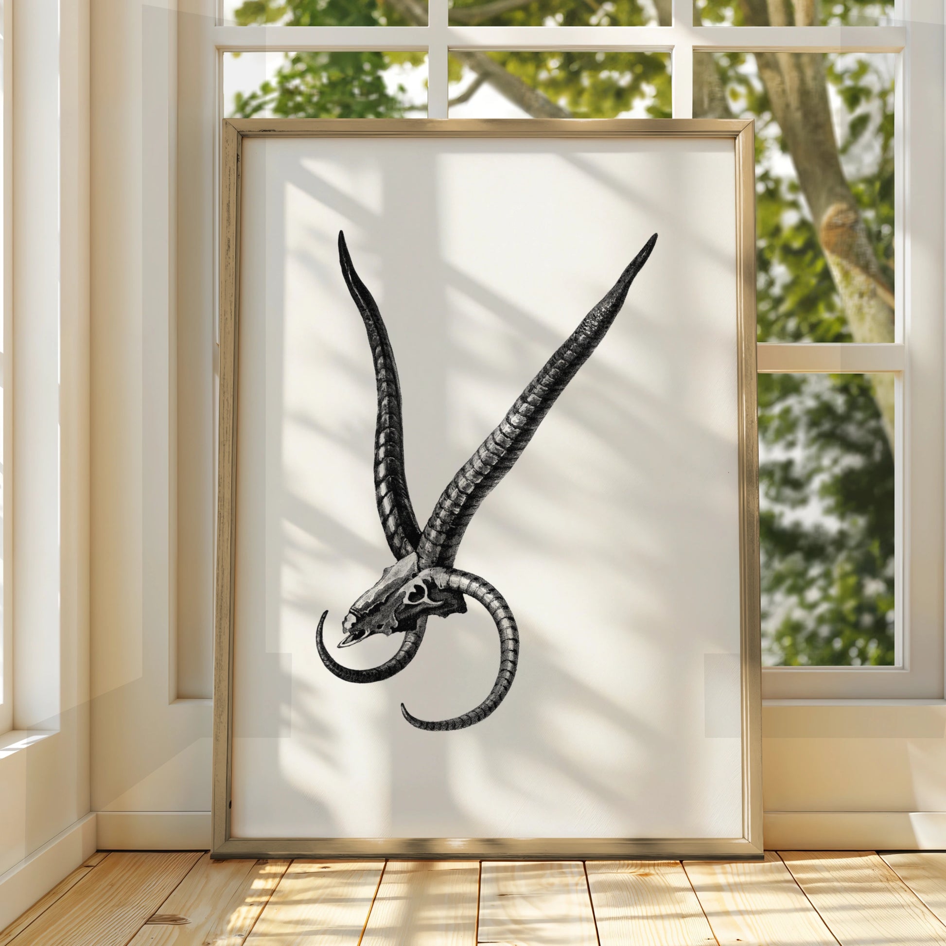 Halloween Skull Horns Poster, Dark Gothic Wall Art, Black White Occult Print, Witchy Decor