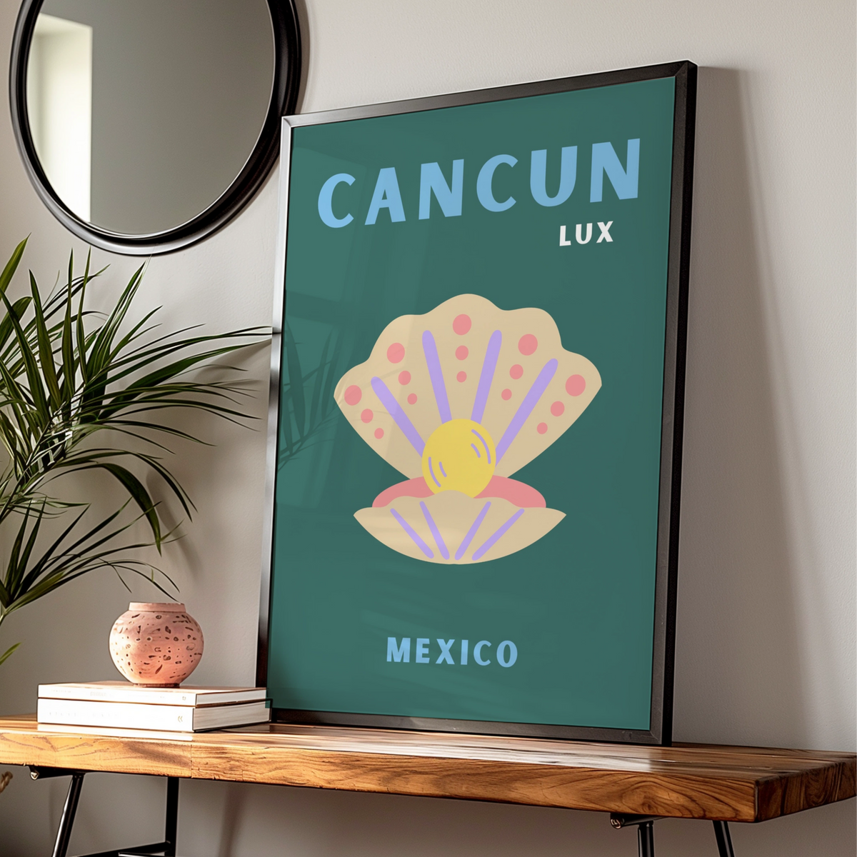 Cancun Mexico Travel Poster, Retro Seashell Wall Art, Mexican Beach Print