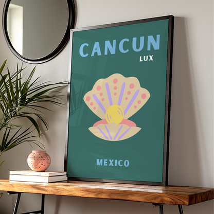 Cancun Mexico Travel Poster, Retro Seashell Wall Art, Mexican Beach Print