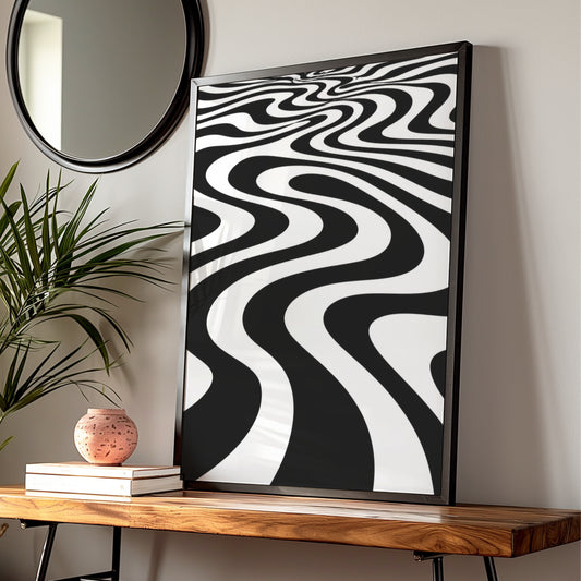 Monochrome Wave Abstract Poster, Black and White Optical Art Print, Modern Wall Decor