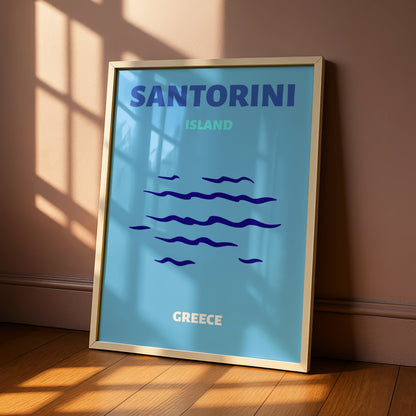 Santorini Island Greece Travel Poster, Greek Islands Wall Art, Retro Blue Print