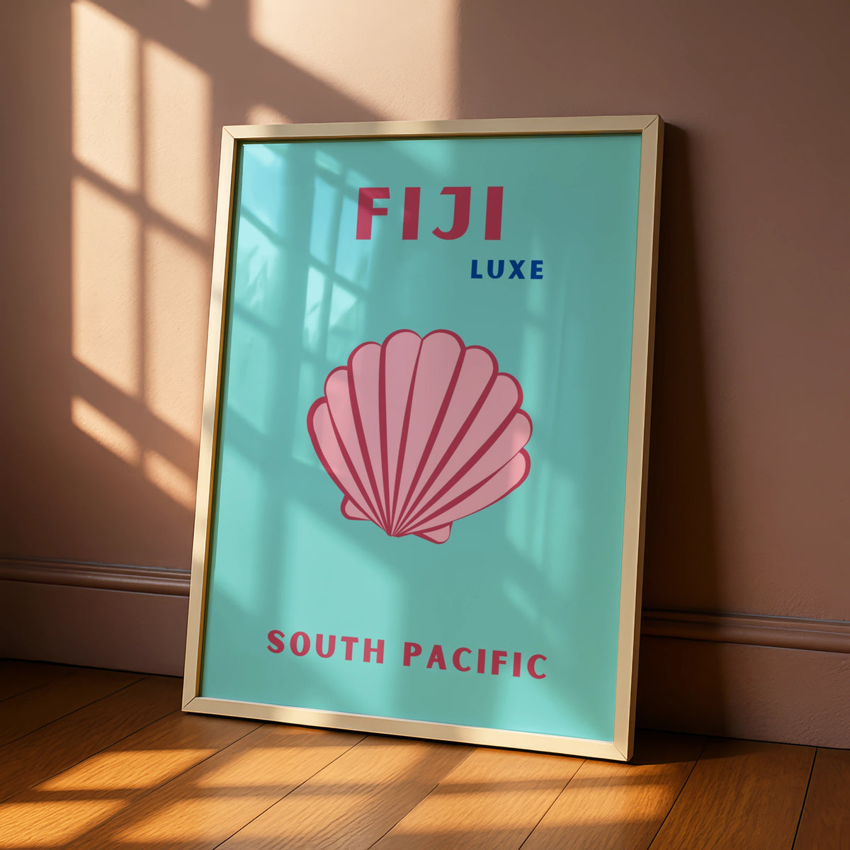 Fiji Travel Poster, South Pacific Wall Art, Retro Seashell Print, Teal Pink Beach Decor