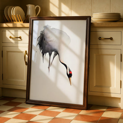 Red-Crowned Crane Print, Japanese Ink Art, Monochrome Bird Poster, Modern Wall Decor