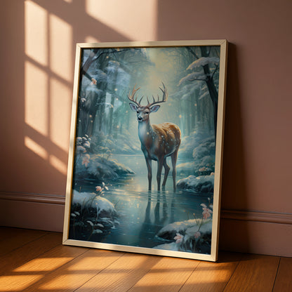 Christmas Deer Poster, Winter Forest Stag Wall Art, Magical Snow Scene, Festive Nature Print